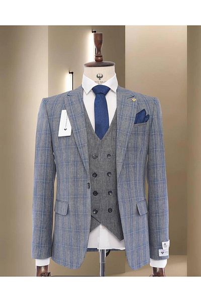 marco mılano Men's Checkered Suit, 3 Pieces, Slim Fit, Dark Grey with Blue Tones, Waist 1