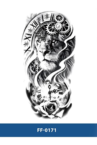 Attach FF-171 ORTA BOY SAAT VE ASLAN DESEN GEÇİCİ DÖVME-TATTO
