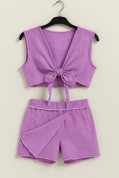 MYMİSİY Linen Shorts Skirt Bustier - Double Set - 3 Colors - Size 32-38 - Purple