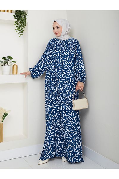 Nevayla Moda Patterned Front Gathered Viscose Dress - Blue / E0131