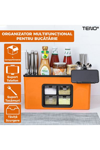 Teno Organizator Multifunctional pentru Bucatarie Teno®, 4 Compartimente, raft condimente, portocaliu