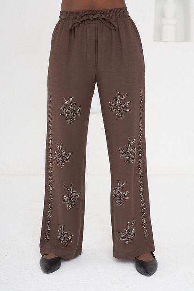 MİA NOURA Women's Woven Fabric Front Beaded Pants