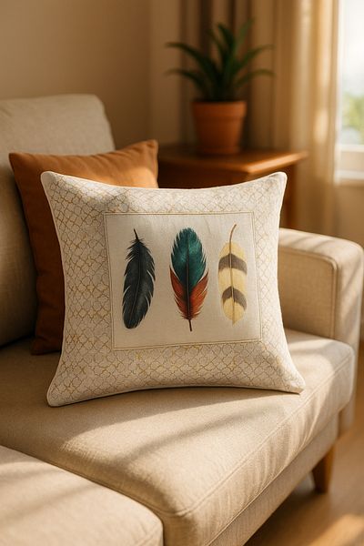 HİG HOME Natural Feather Patterned Throw Pillow Case – Classic Framed Design