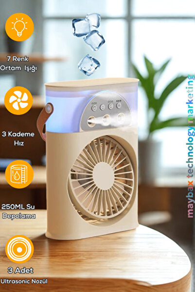 Maybax Taşınabilir Su Püskürtmeli Masa Üstü Fan 250ML Hazne 7 Renk LED Işık Zaman Ayarlı Buz Eklenebilir