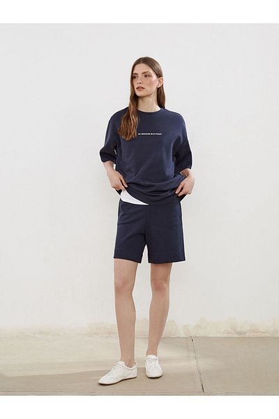 LC Waikiki Navy Blue Crew Neck Printed Oversize Women's T-Shirt