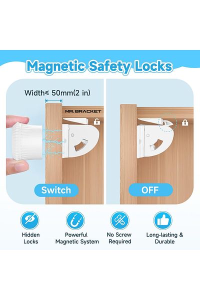 MR.BRACKET Reinforced 4 Locks + 1 Key Hidden Magnetic Cabinet Drawer Lock - Baby Safety Child Lock