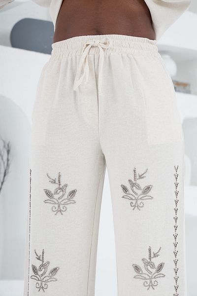 MİA NOURA Women's Woven Fabric Front Beaded Pants