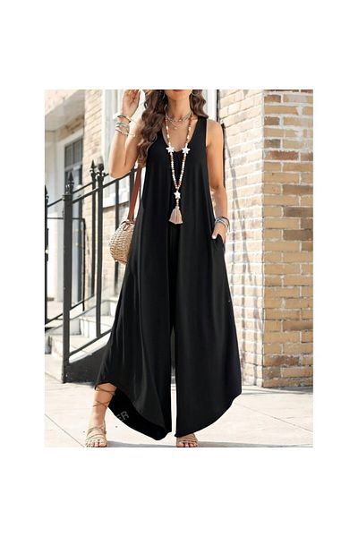 BAYAN Hanging Round Neck Pocketed Long Viscosse Jumpsuit