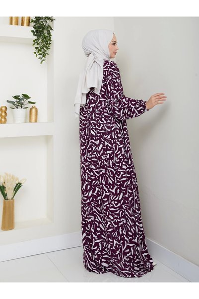 Nevayla Moda Desenli Önü Büzgülü Viskon Elbise - Mor / E0131