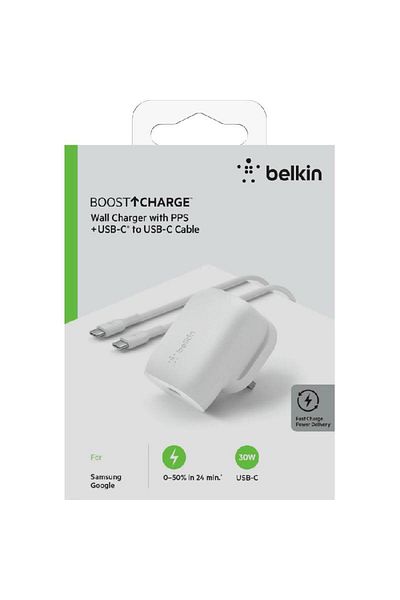 Belkin USB-C PD 3.0 PPS Wall Charger 30W + USB-C to USB-C Cable Fast Battery Charging 30 Watts Single USB-C