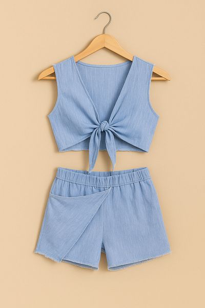 MYMİSİY Linen Shorts Skirt Bustier - Double Set - 3 Colors - Size 32-38 - Blue