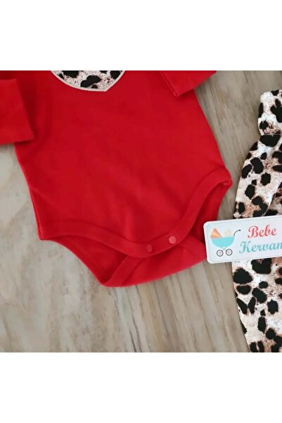 bebe kervanı Kız Bebek %100 Pamuklu Kırmızı Leopar Çıtçıtlı Badi Takım BBK964
