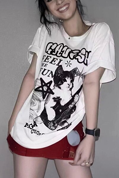 1blood Λευκό μπλουζάκι Unisex με γάτα που παίζει κιθάρα