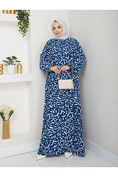 Nevayla Moda Patterned Front Gathered Viscose Dress - Blue / E0131