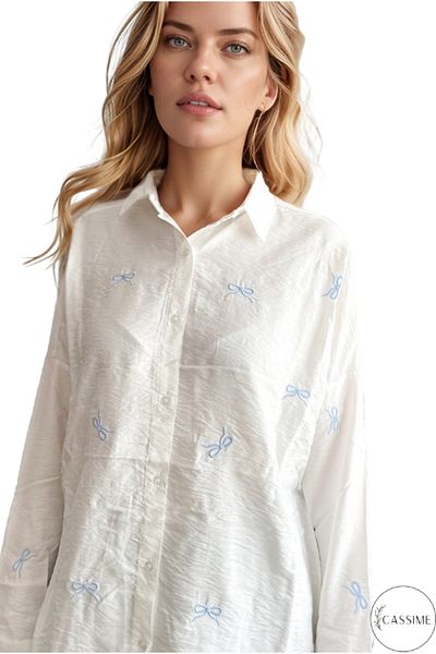 Cassime Women's Ribbon Embroidered Oversize Ayrobin 100% Cotton Long Sleeve White Shirt