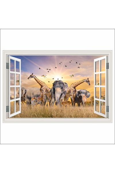 media Fototapet de perete autoadeziv si lavabil Fereastra Animale din savana africana, 150 x 100 cm