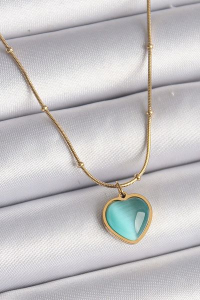 merland benvecocuk 316L Steel Gold Color Blue Cat Eye Pearlescent Heart Model Women's Necklace - Lisinya