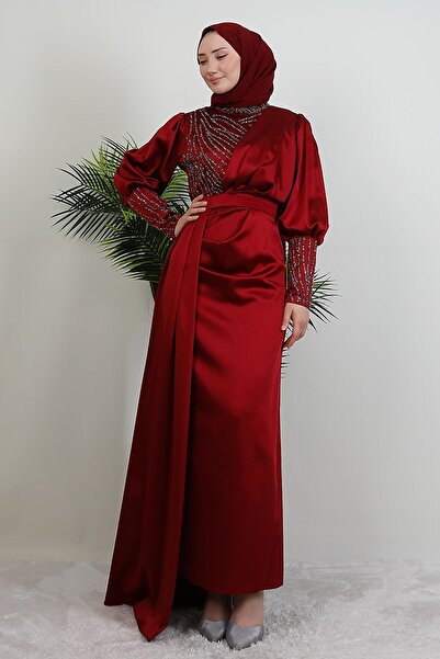 GİYZAMİLA Χρυσό Σατέν Βραδινό Φόρεμα Μπορντό