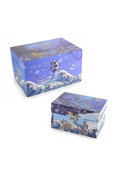 Decorer Set 2 cutii lemn albastru alb 20x14x12 cm, 16x11x9 cm