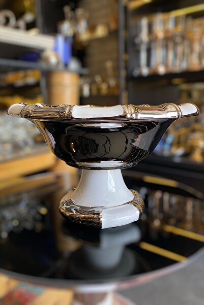 LEMİ DEKORASYON Silver Detailed Porcelain Bamboo Cake Presentation Plate - Fruit Bowl 28 X 28 X 17 cm