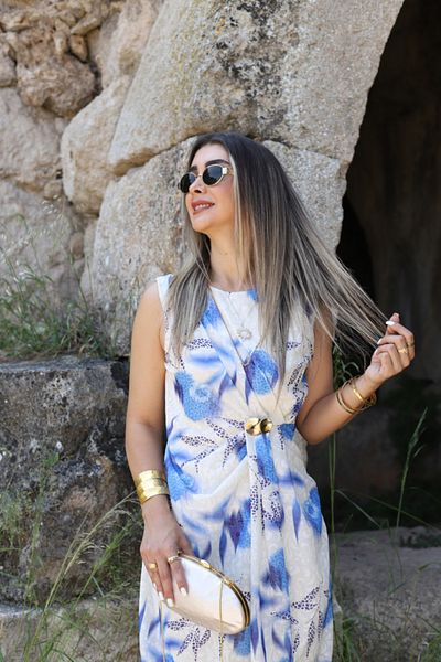 bytugcekaya Rochie cu cataramă drapată cu mâneci zero din tul albastru