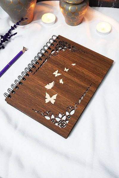 markcat Butterfly Wooden Cover Notebook - Checkered Notebook - 60 Sheets (120 Pages) - A5 15X21 cm
