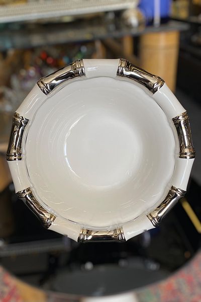 LEMİ DEKORASYON Silver Detailed Porcelain Deep Bamboo Cake Presentation Plate-Fruit Bowl 28 X 28 X 9 cm