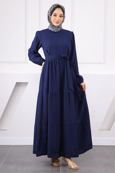 İmajButik Μπλε ναυτικό φόρεμα με γοφράλι με ζώνη μέσης