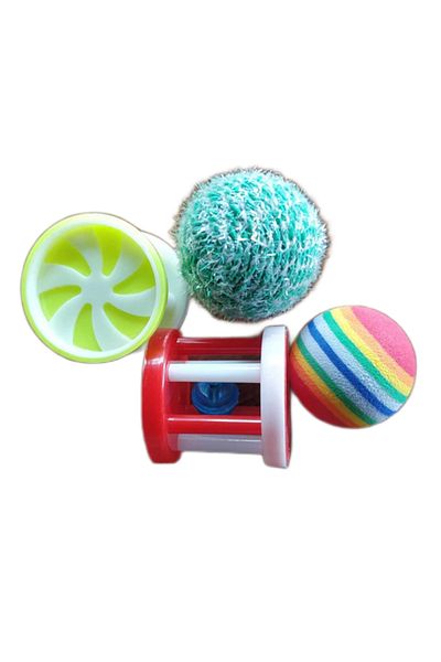 Ropet Set 4 piese, jucarii pentru pisici, 2 mingiute si 2 role cu clopotei, 3.5-4cm, Ropet