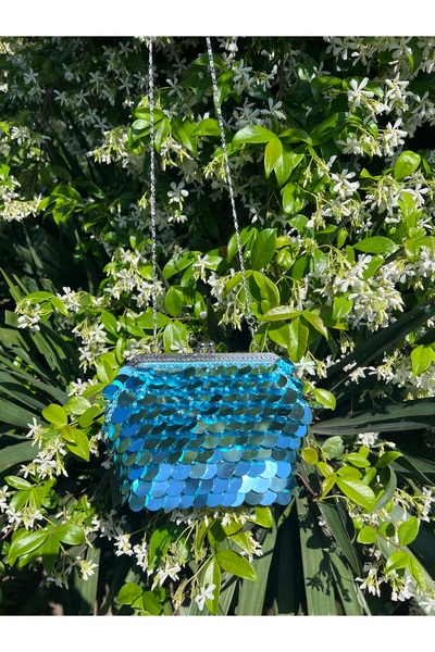 EL YAPIMI Açık Mavi Pullu Abiye Çanta