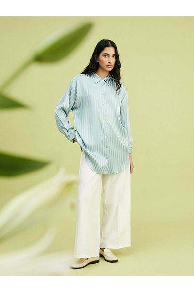 LC Waikiki LCW Modest Striped Oversize Satin Women's Shirt Tunic