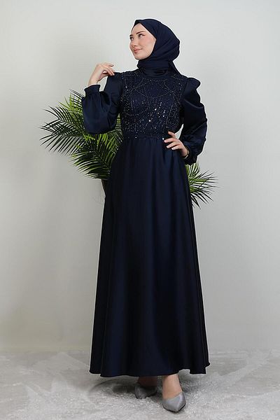 GİYZAMİLA Balloon Sleeve Satin Evening Dress Navy Blue