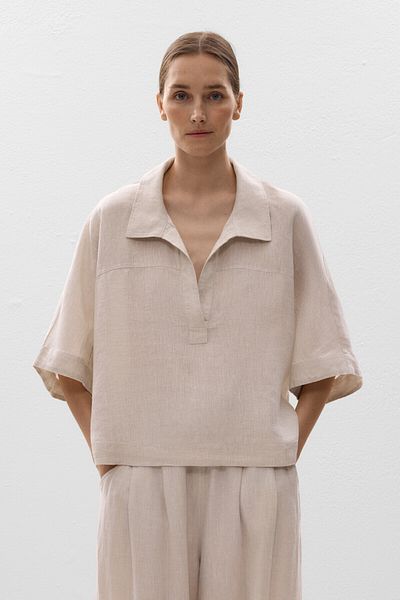 Oysho Oversize short-sleeved 100% linen shirt