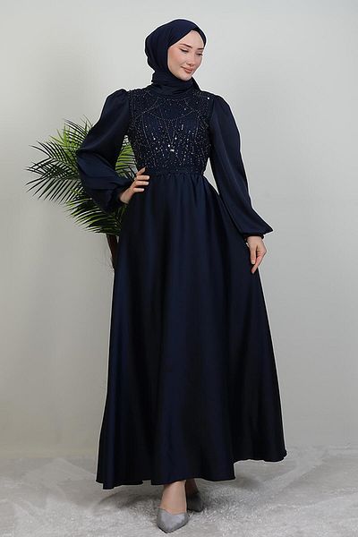 GİYZAMİLA Balloon Sleeve Satin Evening Dress Navy Blue