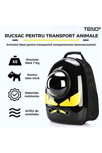 Teno Rucsac Transport Animale Teno®, greutate Max 7kg, buzunar lateral, talie mica, Monstrulet, negru