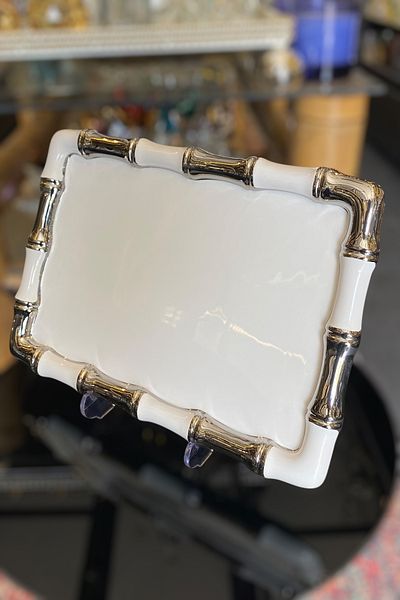 LEMİ DEKORASYON Silver Detailed Porcelain Rectangular Bamboo Cake Presentation Plate 35 X 25 cm