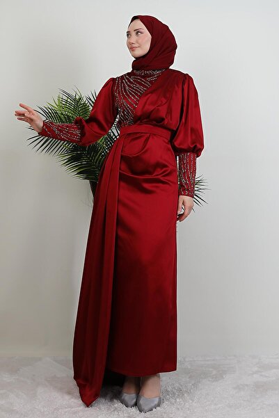 GİYZAMİLA Χρυσό Σατέν Βραδινό Φόρεμα Μπορντό