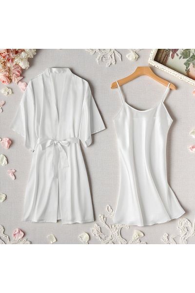 Inovius Women's 2-Piece Set, Satin Robe and Nightgown, White Color