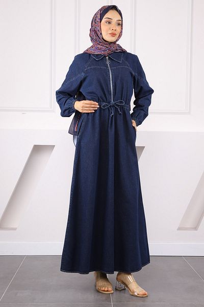 İmajButik Σκούρο μπλε τζιν φόρεμα με φερμουάρ μπροστά στη μέση