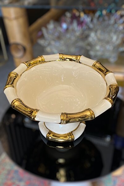 LEMİ DEKORASYON Porcelain Bamboo Presentation Bowl with Gold Detail