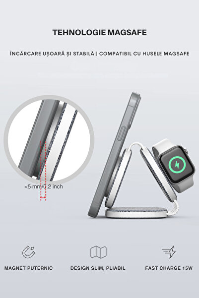 clickzu 3 In 1 Foldable Charger: Magnetic Charging Station For Phone, Watch & Headphones, Grey,
