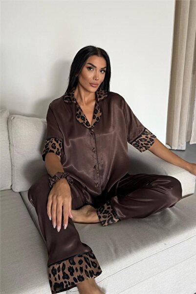 COCCOLARSI Pardo Perfetto Kahverengi Floş Saten Kısa Kol Pantolon Pijama Takımı