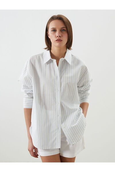 LC Waikiki Lcw vision blue striped Oversized linen blended women's shirt