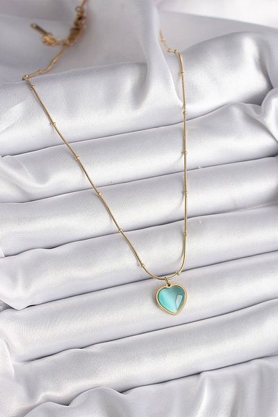 merland benvecocuk 316L Steel Gold Color Blue Cat Eye Pearlescent Heart Model Women's Necklace - Lisinya