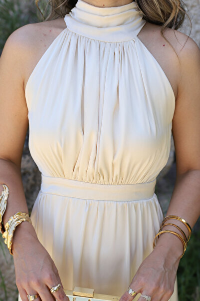 bytugcekaya Ekru Halter Yaka Elbise
