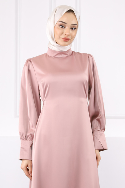 İmajButik Βραδινό φόρεμα Dusty Rose με μανικετόκουμπα και ζώνη μέσης