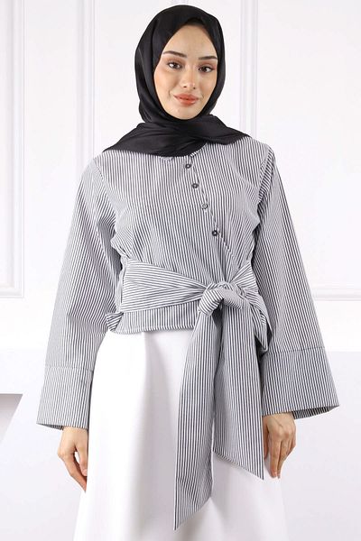 İmajButik Γκρι πουκάμισο με δέσιμο στη μέση