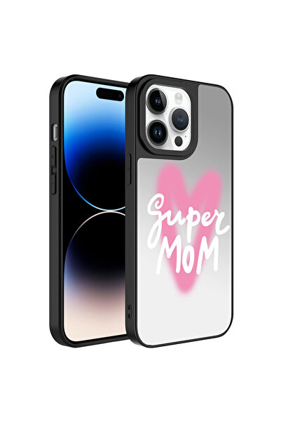 BUTAM BİLİŞİM حافظة آيفون 14 برو ماكس المتوافقة مع نمط المرآة لحماية الكاميرا، حافظة مرآة لامعة - سوبر ماما