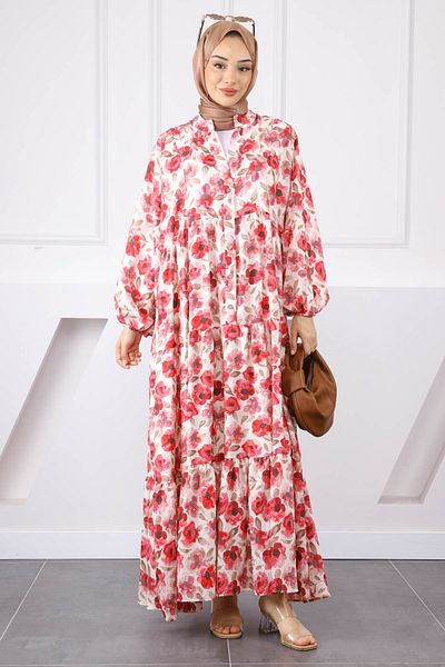İmajButik Ροζ Φόρεμα με Μισό Κουμπί Φούστα