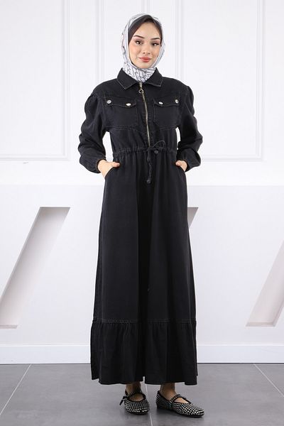 İmajButik Τζιν φόρεμα με ανθρακί μέση και μπροστινό φερμουάρ
